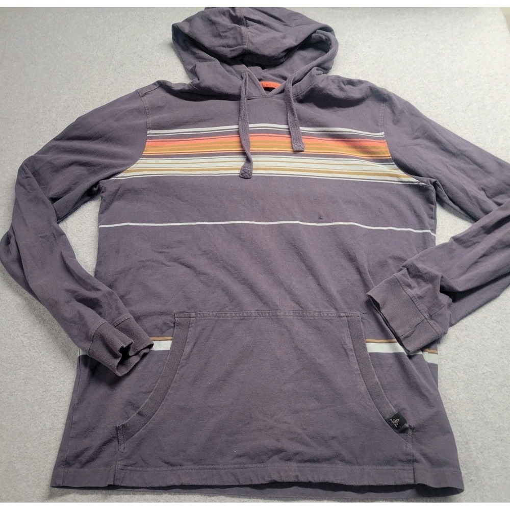 Prana Breathe Men's Large Organic Cotton Blue Gray Striped Knit Pullover‎ Hoodie